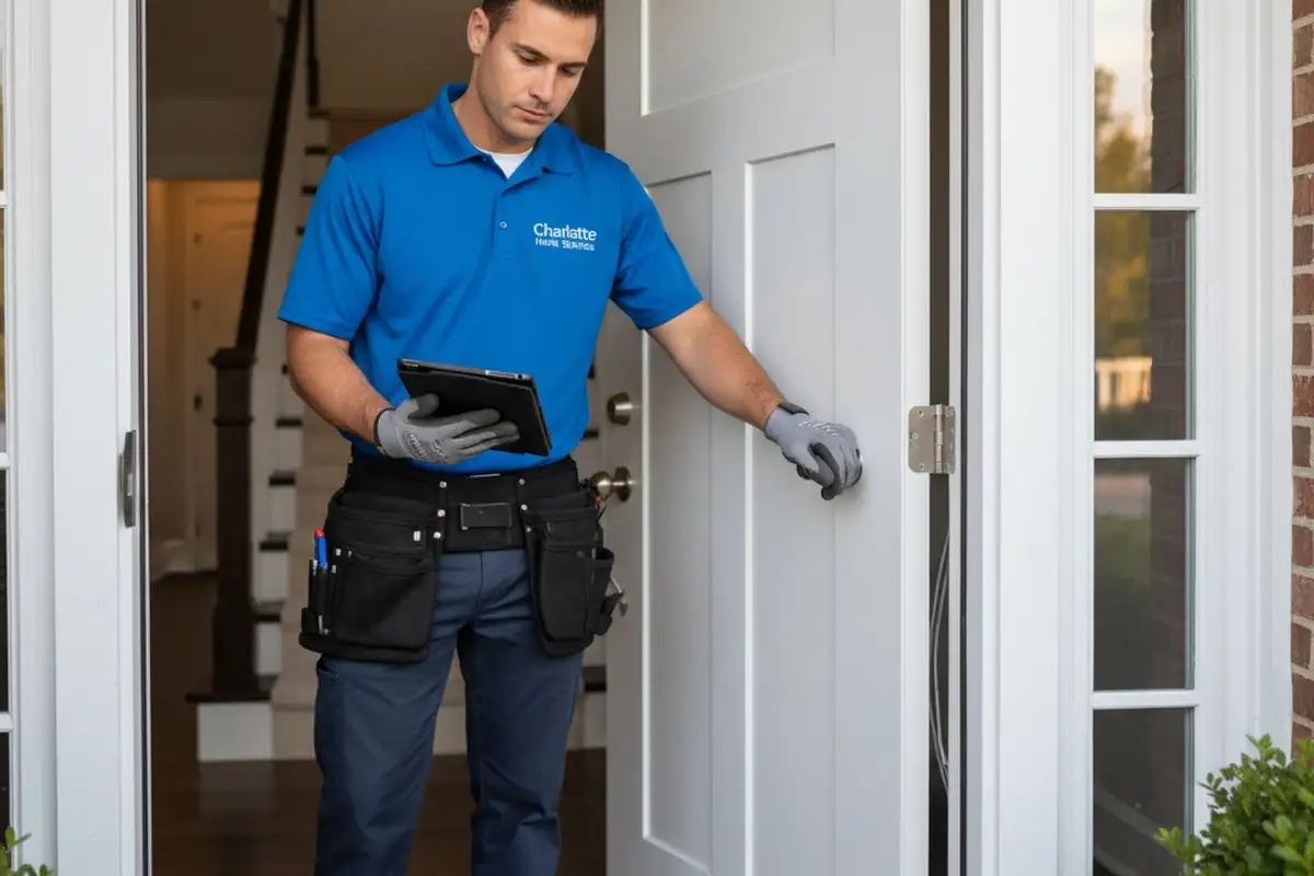 Technician performing door repair quality inspection at Charlotte NC home for vinyl siding company