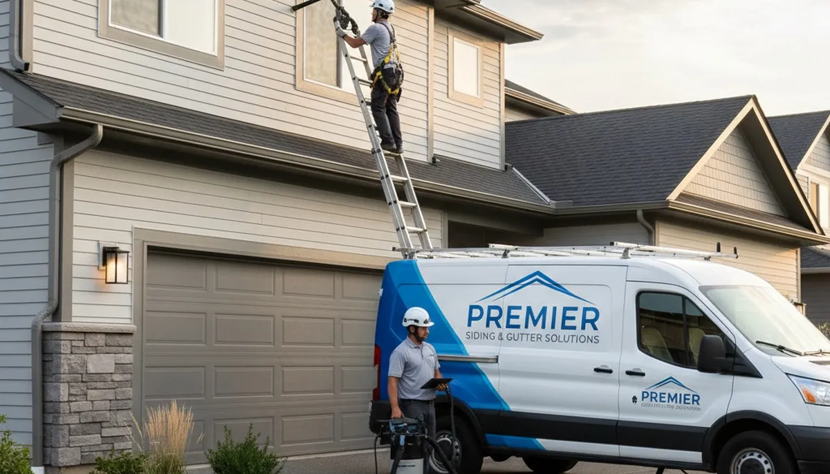 Technician cleaning home gutters in Charlotte NC to prevent water damage and protect vinyl siding