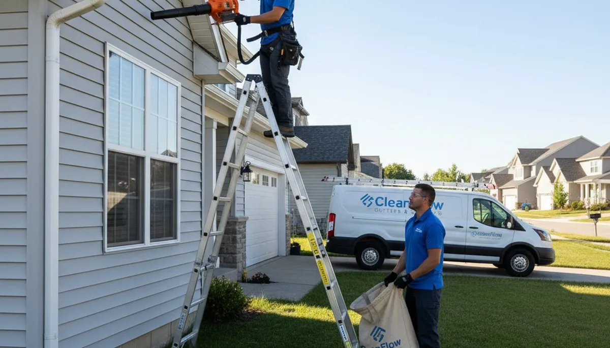 Technician performing gutter cleaning service on vinyl siding home in Charlotte, NC