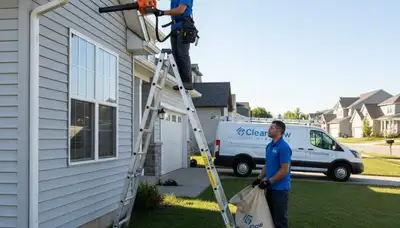 Technician performing gutter cleaning service on vinyl siding home in Charlotte, NC