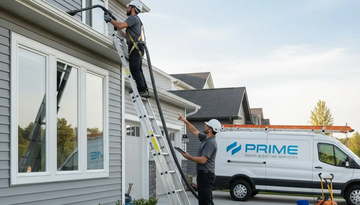 Technician performing gutter cleaning on vinyl siding home in Charlotte, NC