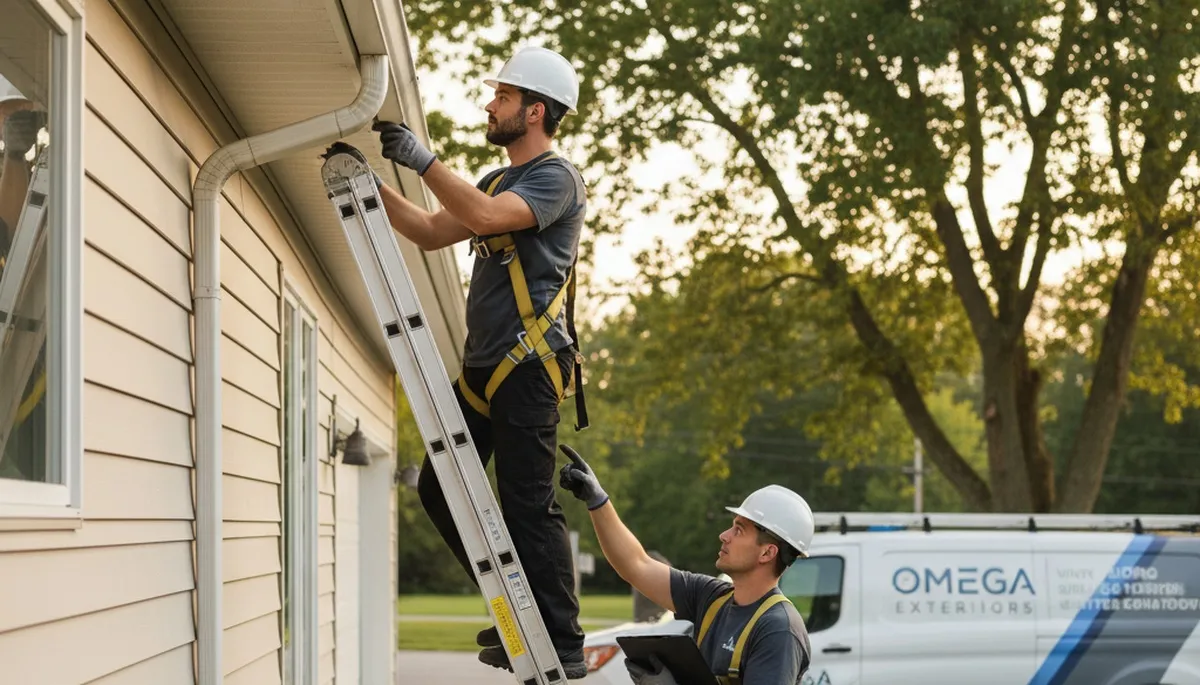 Technician performing gutter inspection on Charlotte NC home with vinyl siding exterior