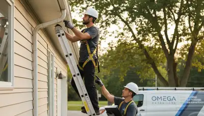 Technician performing gutter inspection on Charlotte NC home with vinyl siding exterior