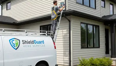 Technician performing gutter inspection on vinyl siding home in Charlotte, NC