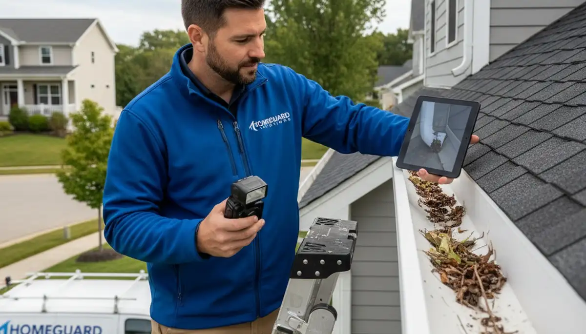 Technician performing gutter inspection on vinyl siding home in Charlotte, NC
