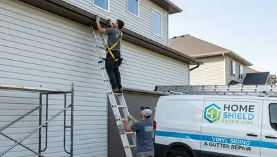 Technician performing gutter repair on Charlotte NC home with vinyl siding exterior