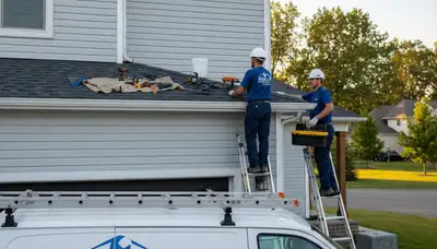 Technician performing gutter repair on home with vinyl siding in Charlotte, NC