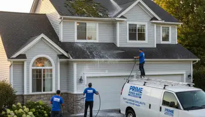 Professional roof cleaning service in Charlotte, NC by Next Level Exteriors removing moss and debris