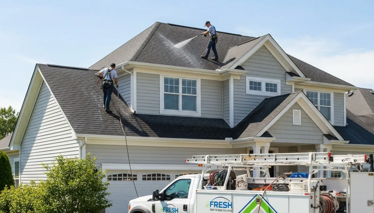 Professional roof cleaning service removing moss and debris in Charlotte, NC