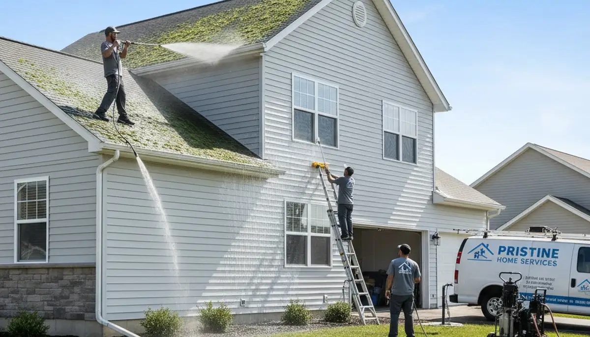 Professional roof cleaning on residential vinyl siding home in Charlotte, NC