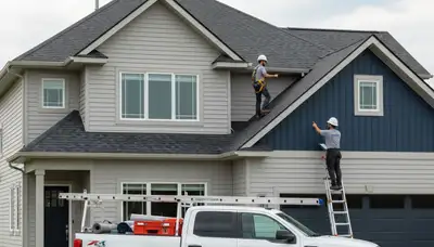 Roof inspection expert assessing vinyl siding and shingles in Charlotte, NC home exterior