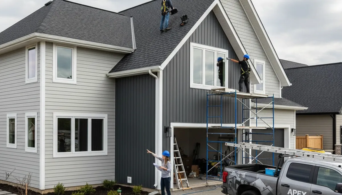 Roof inspection technician checking shingles on Charlotte NC home exterior by Next Level Exteriors