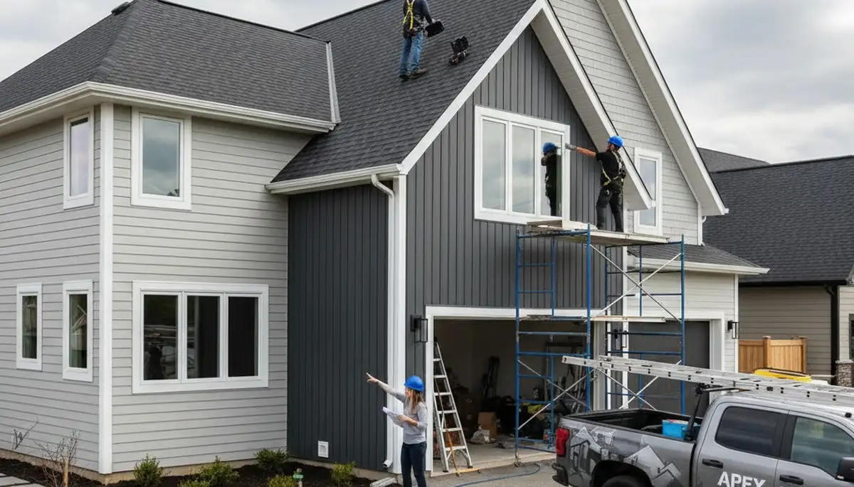 Roof inspection technician checking shingles on Charlotte NC home exterior by Next Level Exteriors