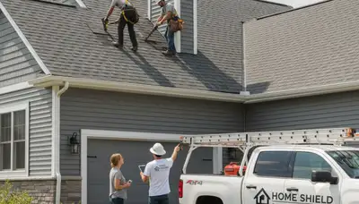 Professional roof repair and vinyl siding experts working on a Charlotte, NC home exterior