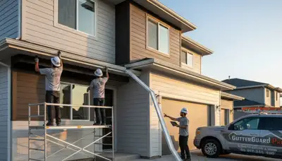 Technicians installing seamless gutters on a home exterior in Charlotte, NC