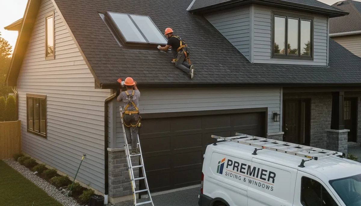 Professional skylight installation crew working on vinyl siding home in Charlotte, NC