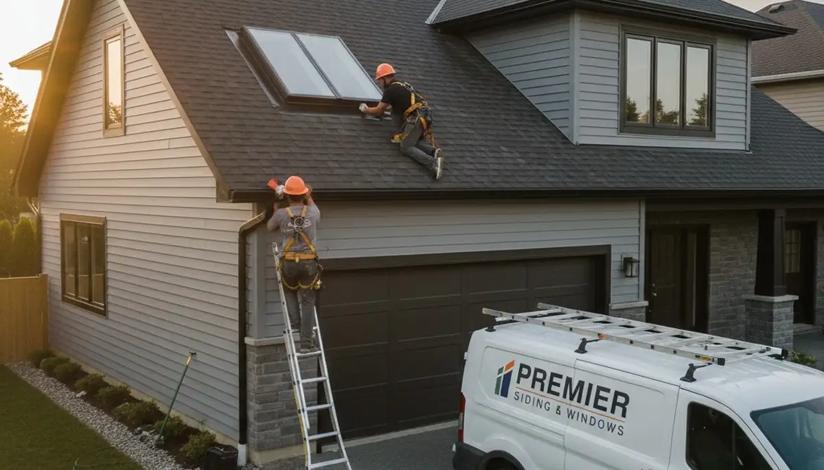 Professional skylight installation crew working on vinyl siding home in Charlotte, NC