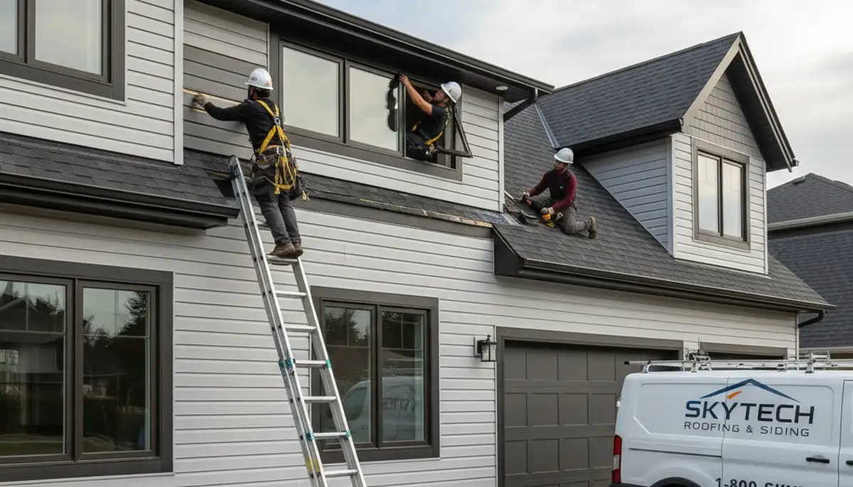 Technician repairing skylight on vinyl siding roof in Charlotte, NC for Next Level Exteriors