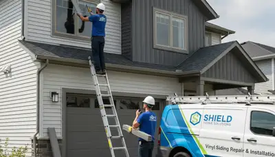 Technician repairing damaged vinyl siding on a home exterior in Charlotte, NC