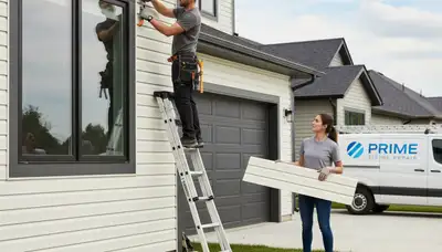 Technician repairing damaged vinyl siding on Charlotte NC home exterior by Next Level Exteriors