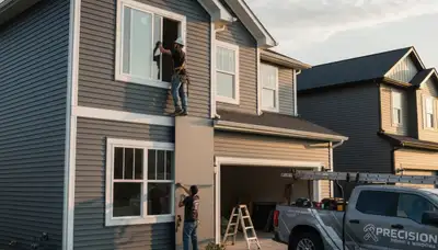 Vinyl siding and window repair experts working on a Charlotte, NC home exterior upgrade